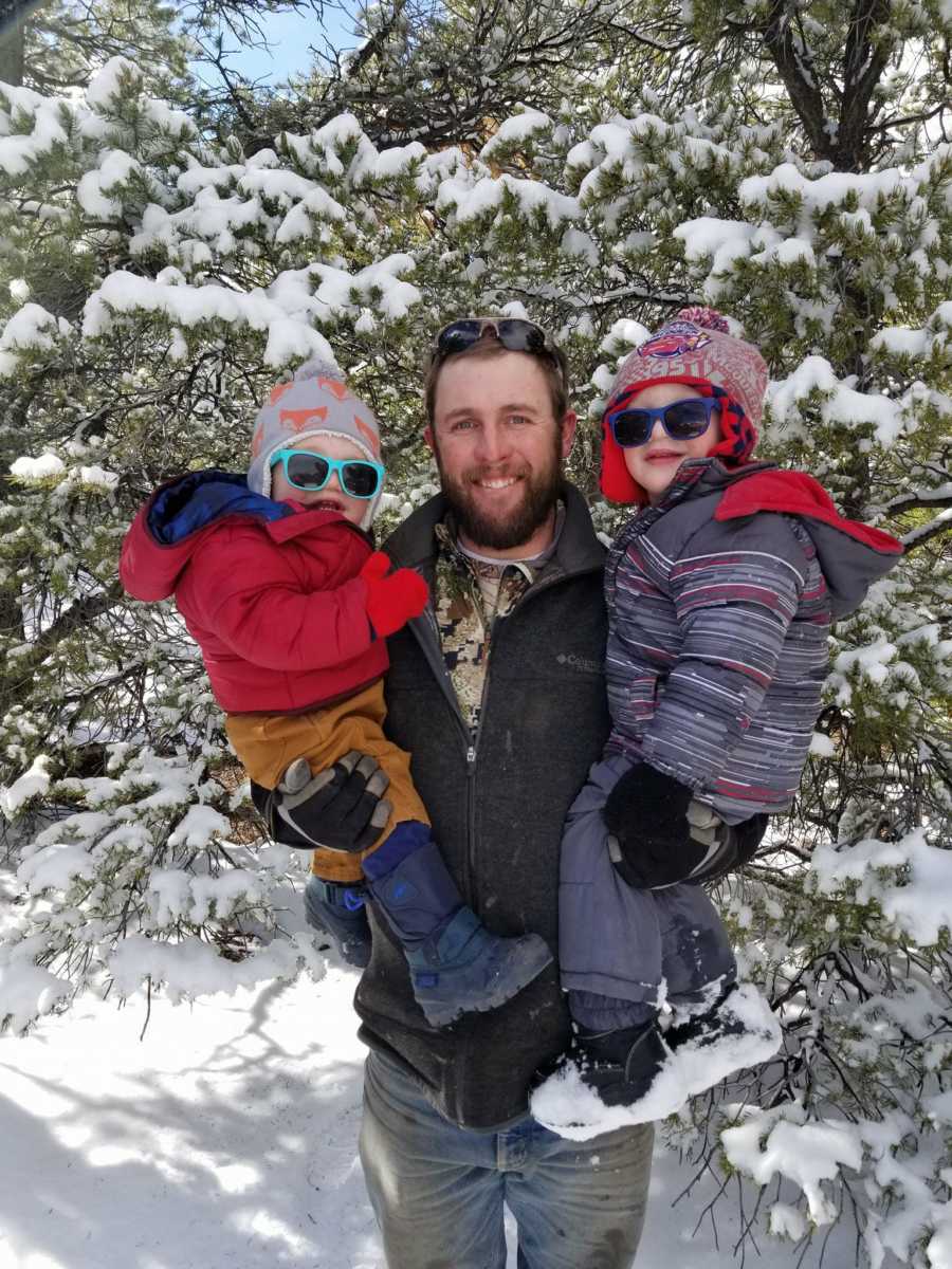 Husband of wife who worries motherhood is all she's made for holding two sons in snow