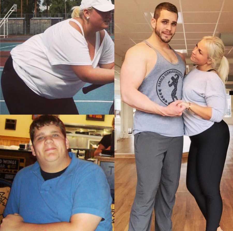 Collage of man and woman before losing weight then them together as a couple after weight loss