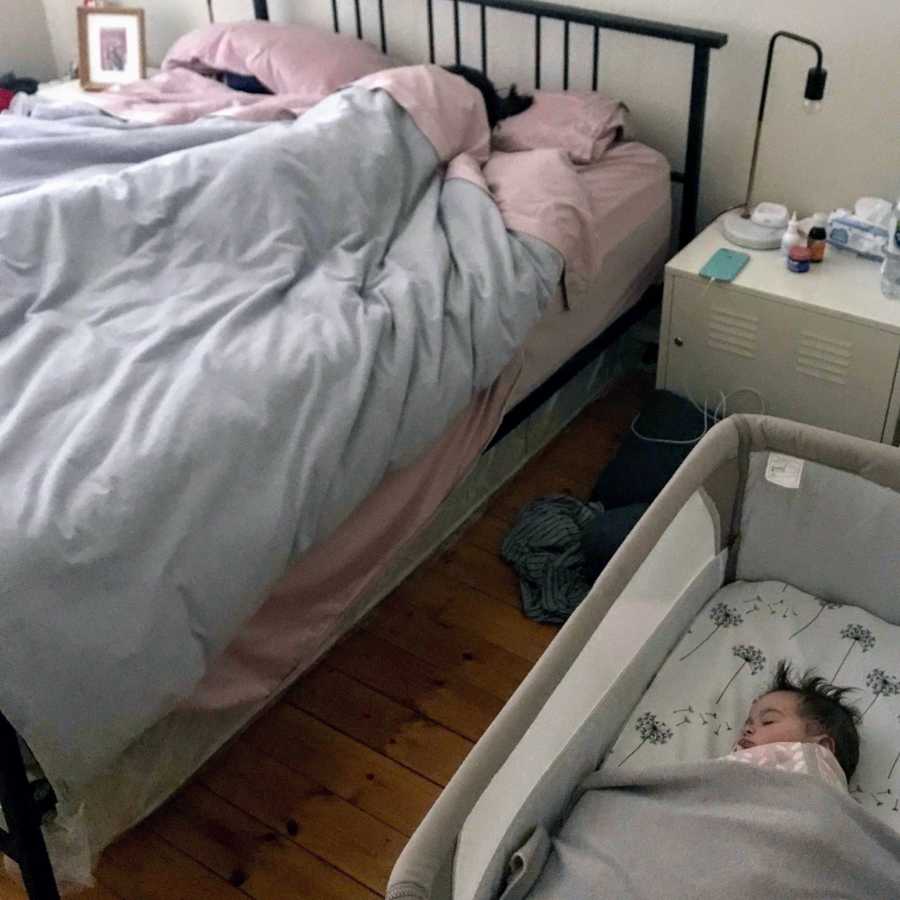 Wife of man who decided to act like mom for a day sleeping in bed next to baby in crib at 7:30