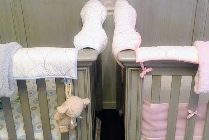 Two cribs next to each other whose mother warns others mothers that crib is dangerous