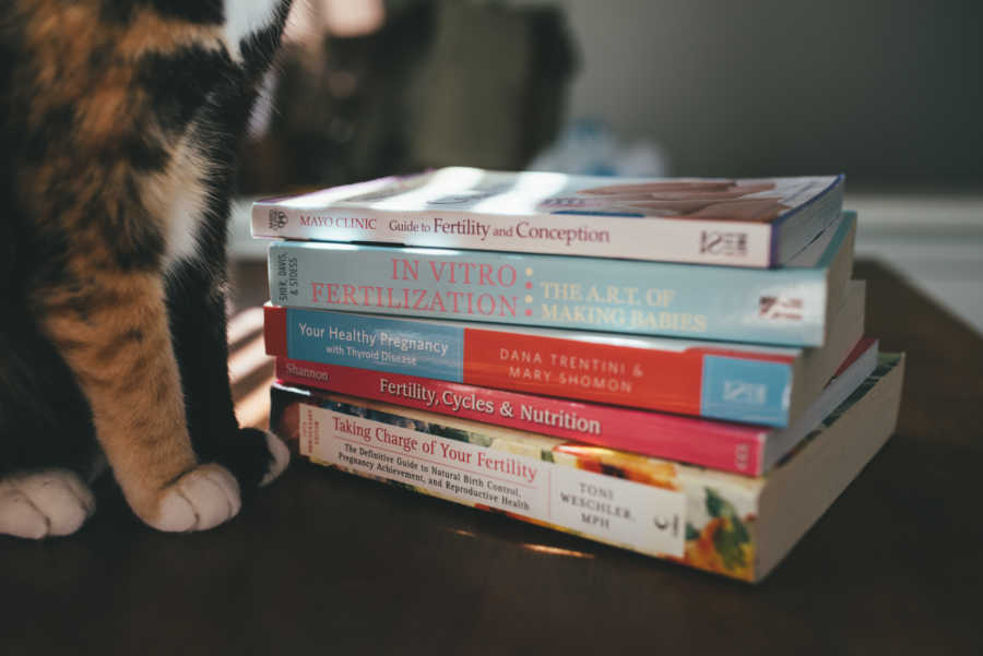 Stack of books on fertility with cat standing next to them