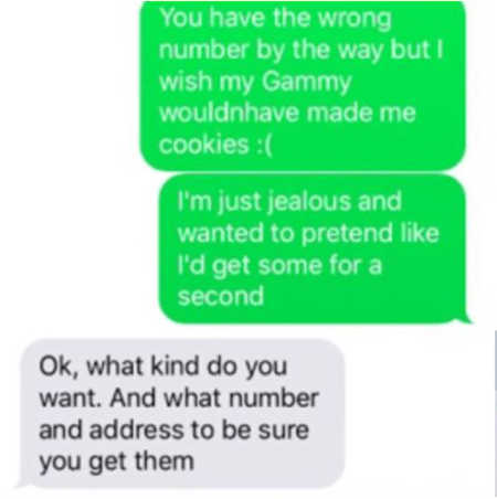 Screenshot of woman texting wrong number asking them if they are good enough for cookies