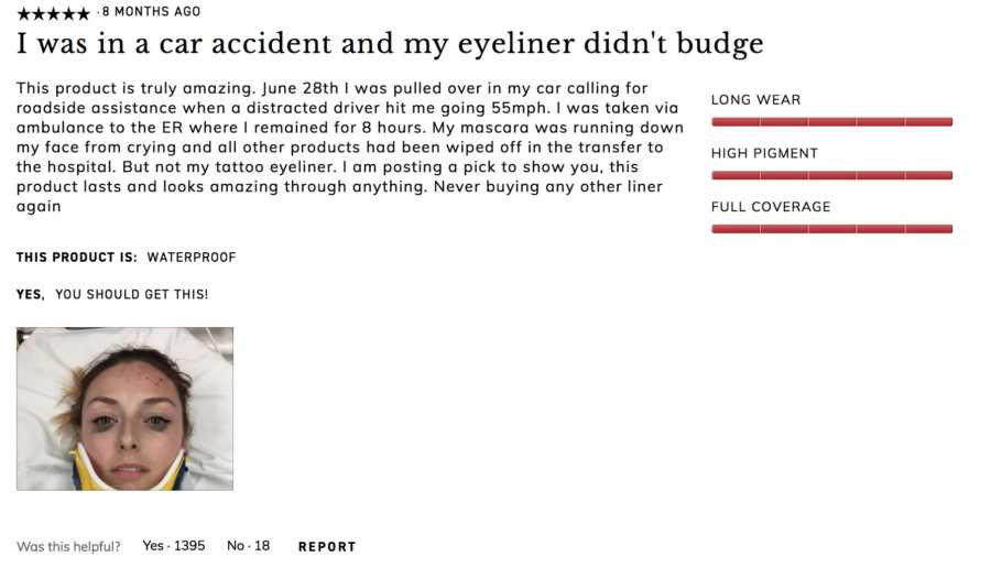 Screenshot of review of eyeliner with picture of woman in car accident who was wearing the eyeliner