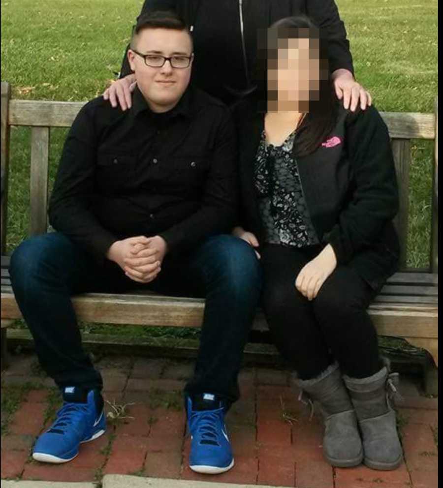 Teen sitting on bench beside woman with blurred out face before he lost weight