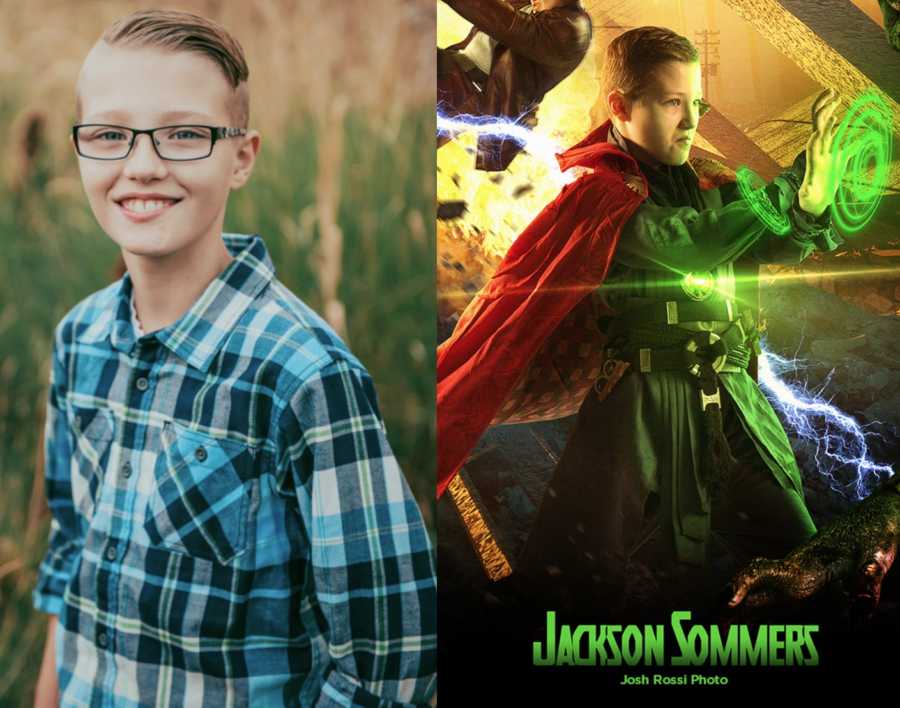 Side by side of boy with cerebellar atrophy normally next to him on Doctor Strange poster