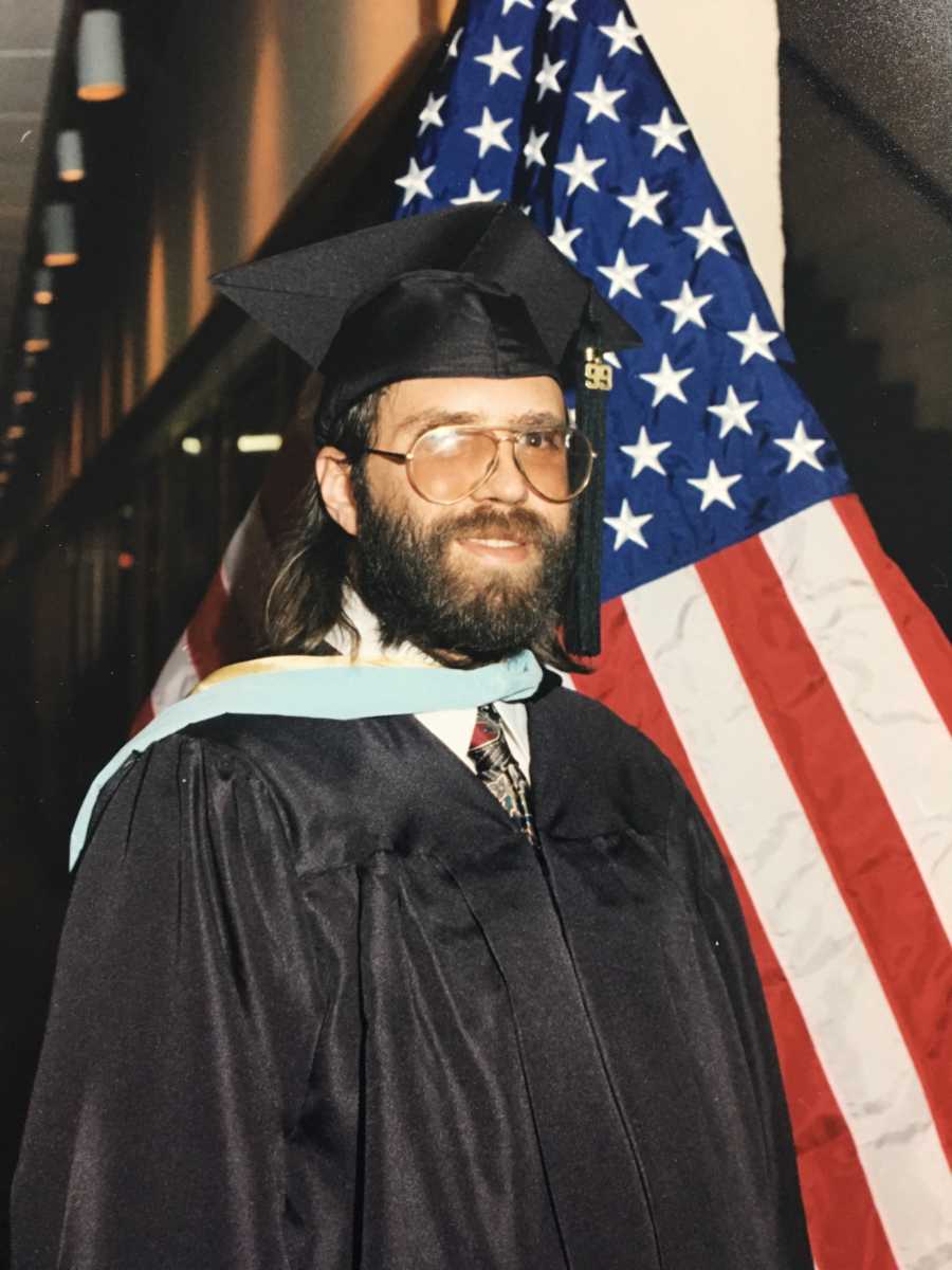 Man at master's graduation who will later suffer from dementia