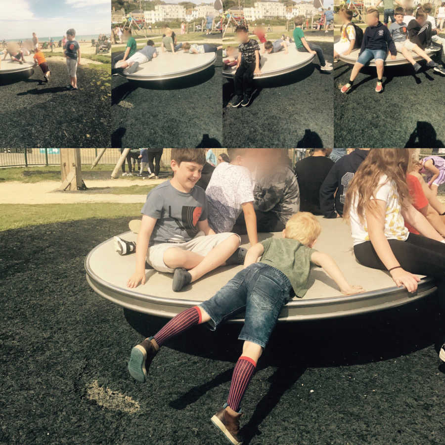 Collage of autistic boy playing on playground with kids