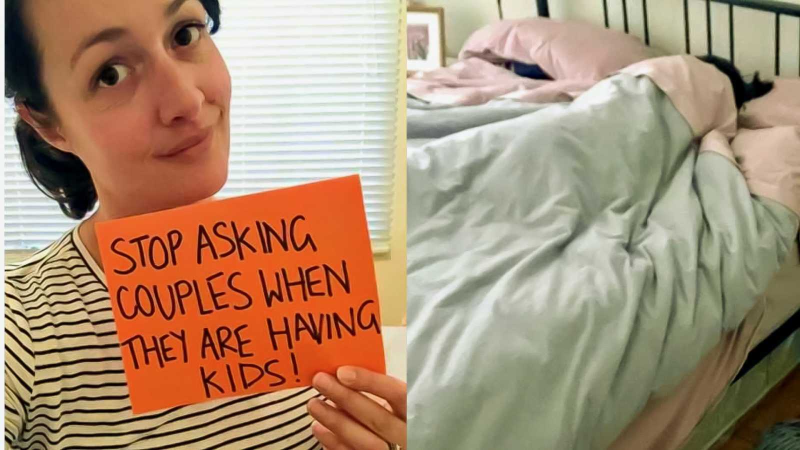 woman struggling with infertility holds PSA sign and lies in bed