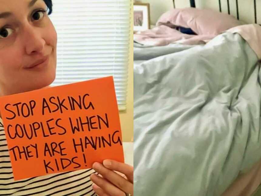 woman struggling with infertility holds PSA sign and lies in bed