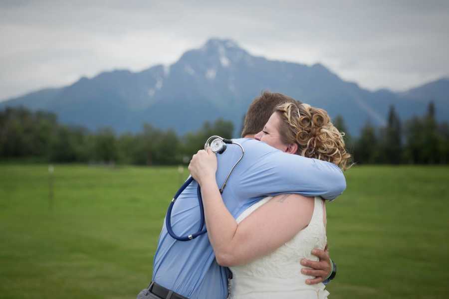 Bride hugs man who is alive because of late son's heart