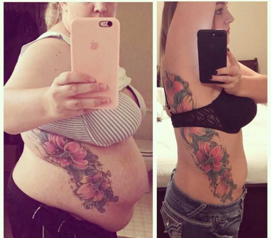 Side by side of mirror selfie of woman before and after joining weight watchers and losing 30 pounds