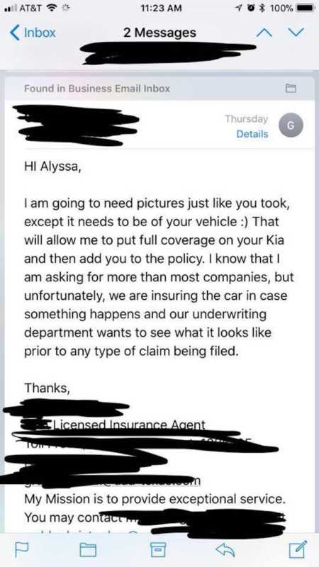 Screenshot of email response saying that the image needs to be of car and not herself