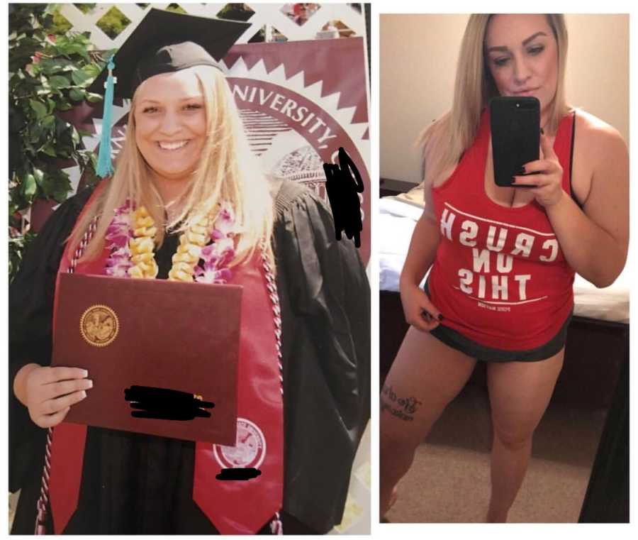 Woman overweight at college graduation next to mirror selfie of her after losing weight