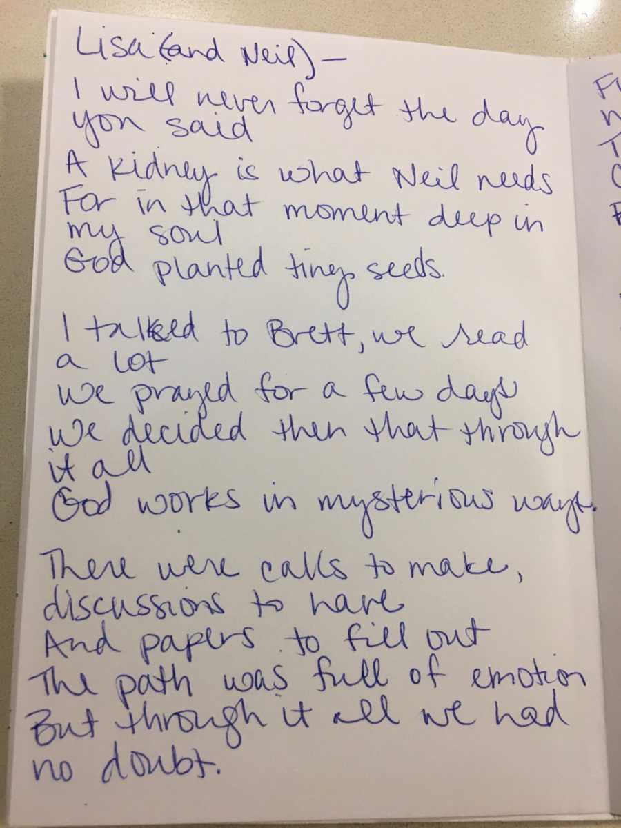Inside of card written by woman who donated a kidney to friend's husband written to friend