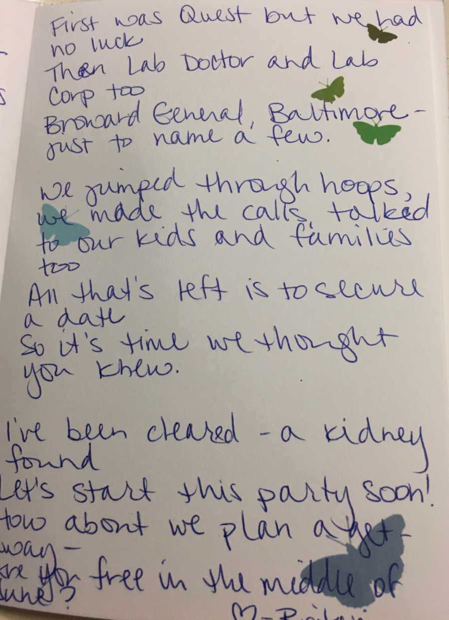 Inside of card written to friend from woman who donated kidney to friend's husband