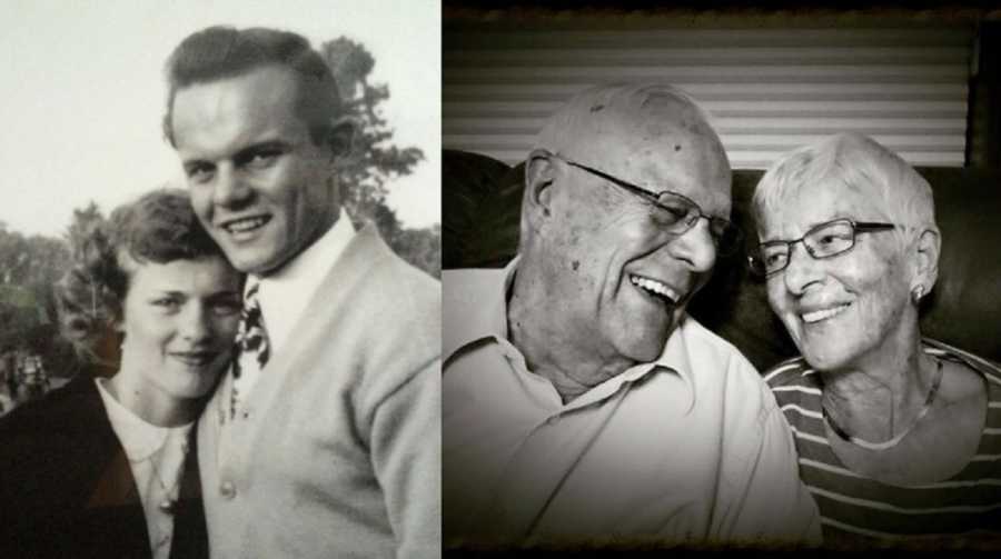 Side by side of married couple when they were young and then today and wife has dementia