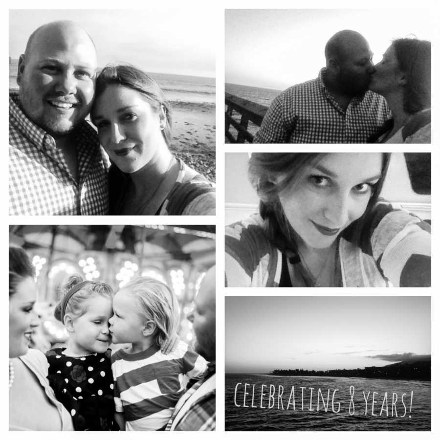 Collage of couple in selfies celebrating at years of marriage and their 4 and 2 year old kids