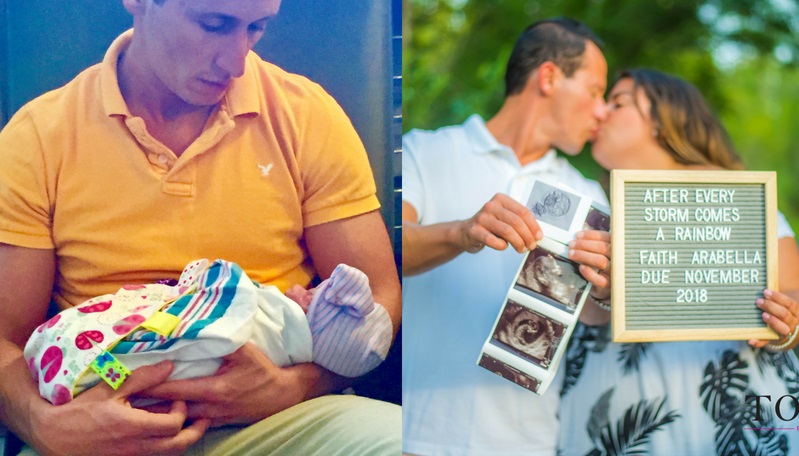 A dad holding a newborn baby and parents kissing while holding pictures of their baby