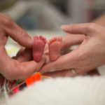 The feet of a newborn baby who has passed on held up by its parents.