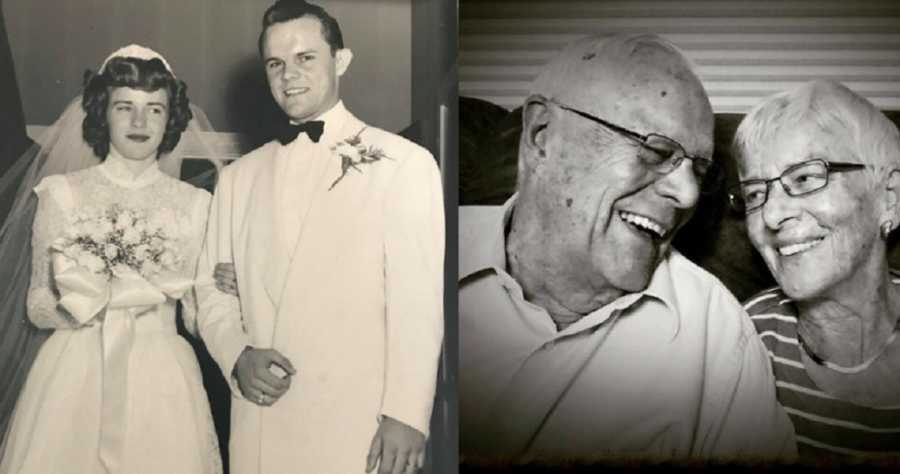 A young bride and groom on their wedding day and the same couple in old age, both wearing glasses.