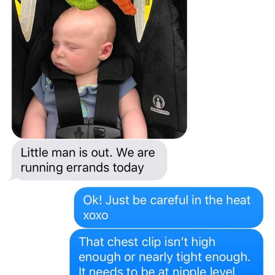 Woman takes screenshot of texts between her and her husband discussing car seat safety