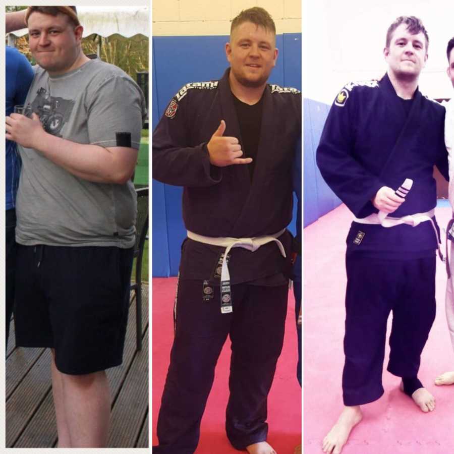 Man shows progress pictures from his weight loss journey
