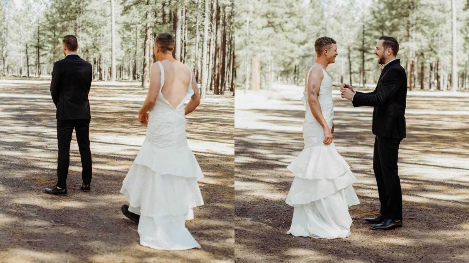 Groom laughs at bridal wedding dress reveal prank