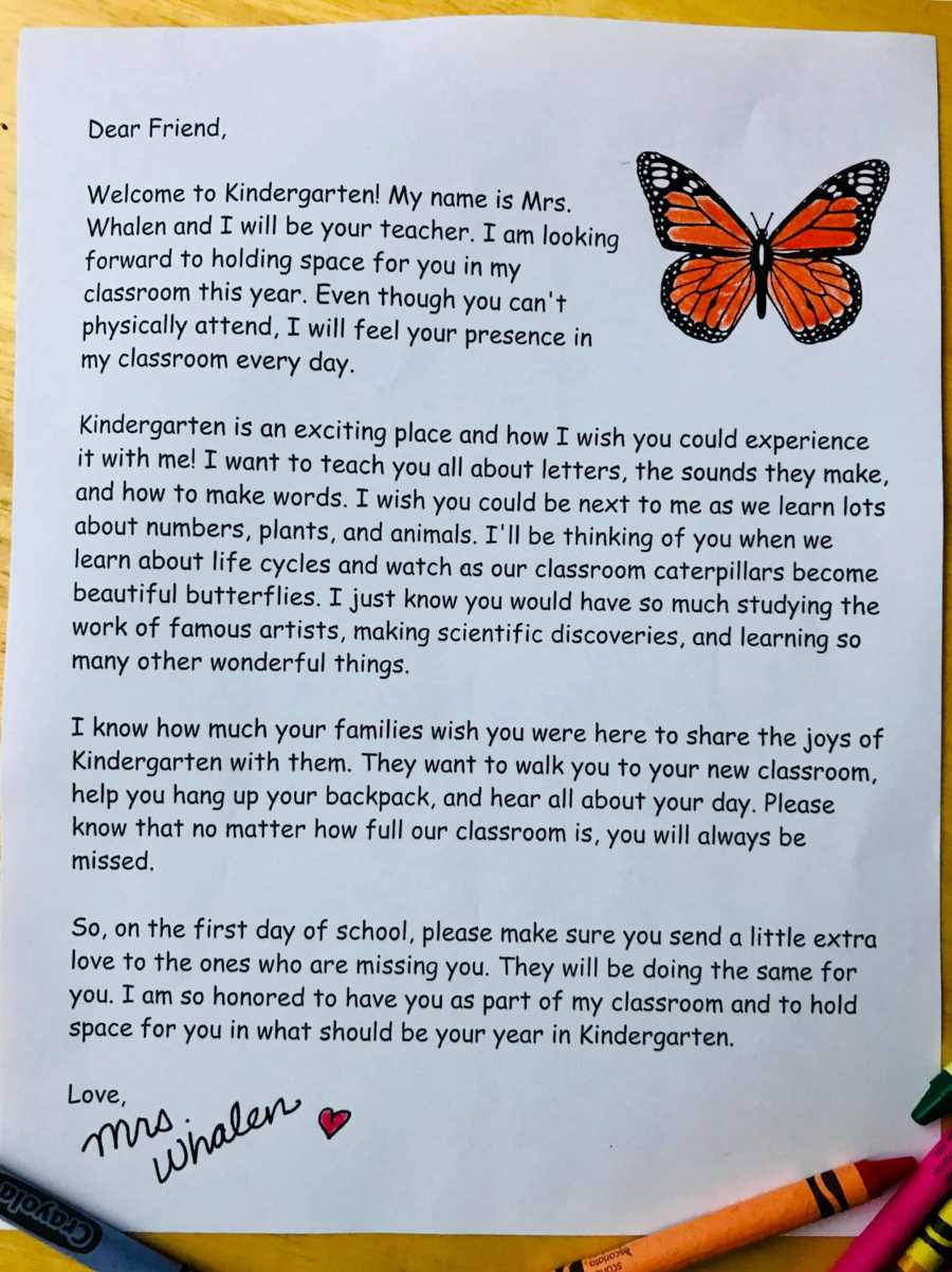 Kindergarten teacher writes letters to families whose child should be in kindergarten bur are not