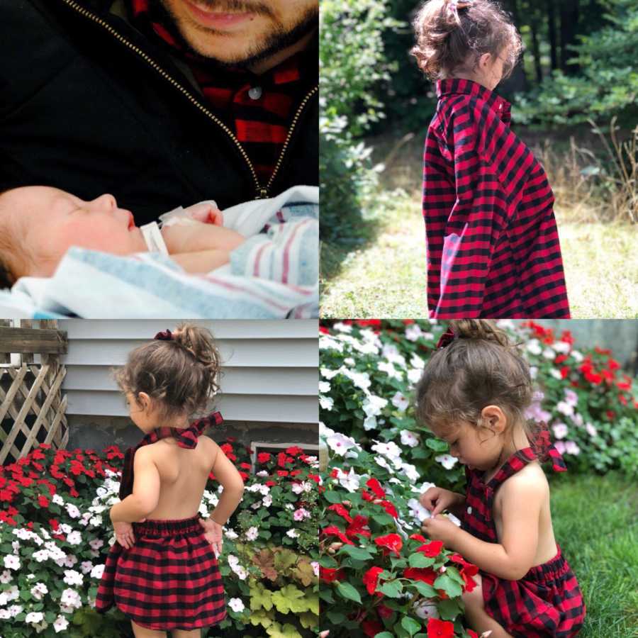 Collage of father wearing flannel holding newborn and then newborn as a toddler wearing the same shirt