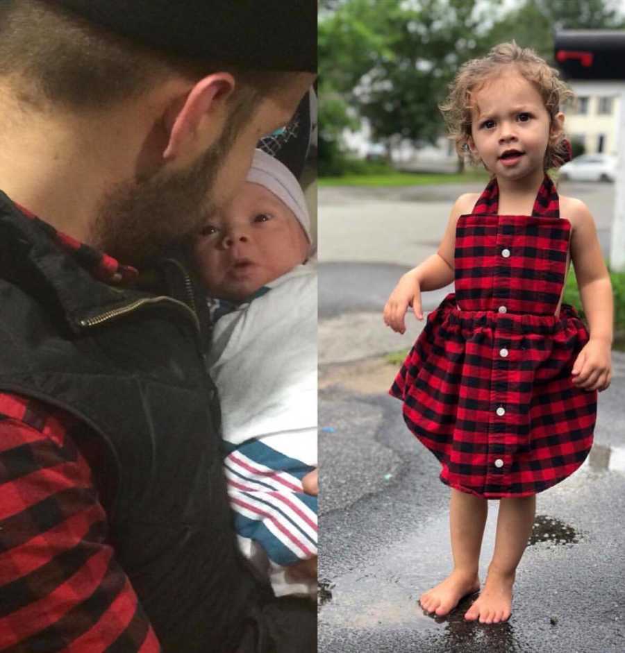 Father in flannel holding newborn next to toddler wearing the same flannel that mother made into dress