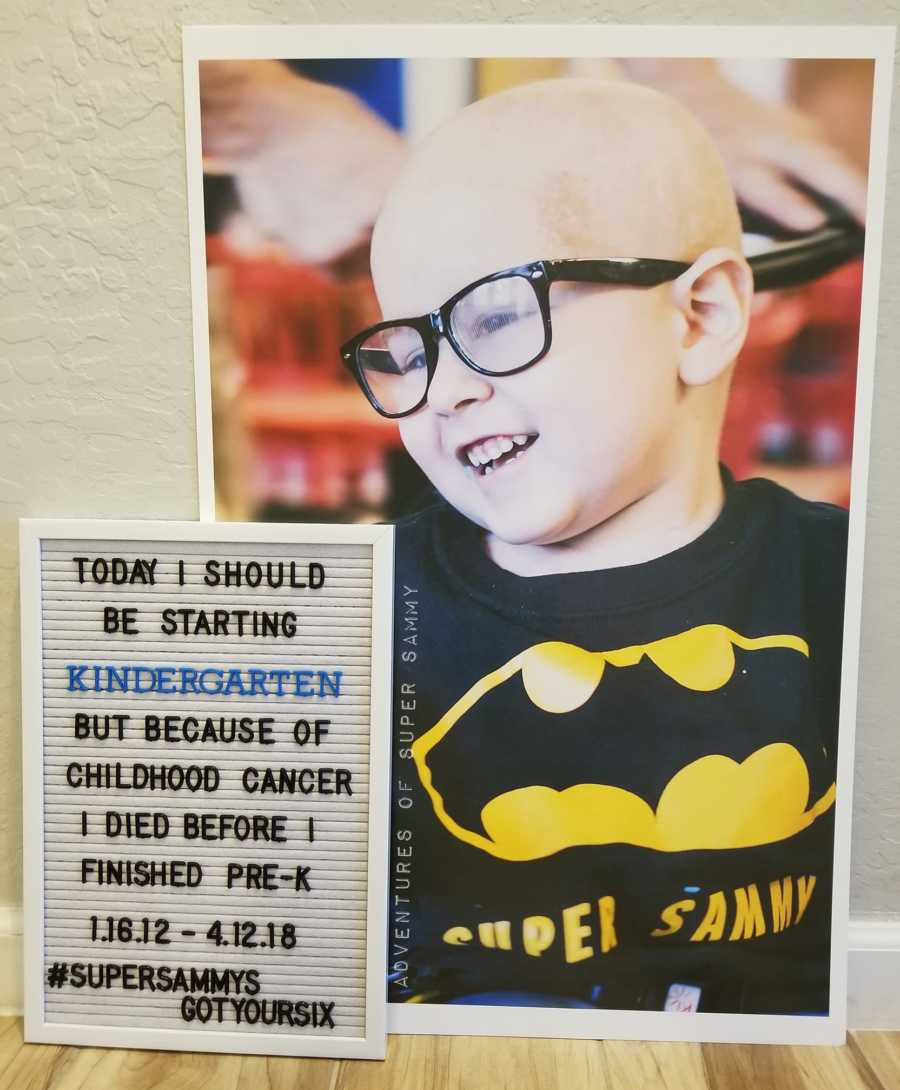 Picture of little boy who died from brain cancer next to sign saying, "Today I should be starting Kindergarten"