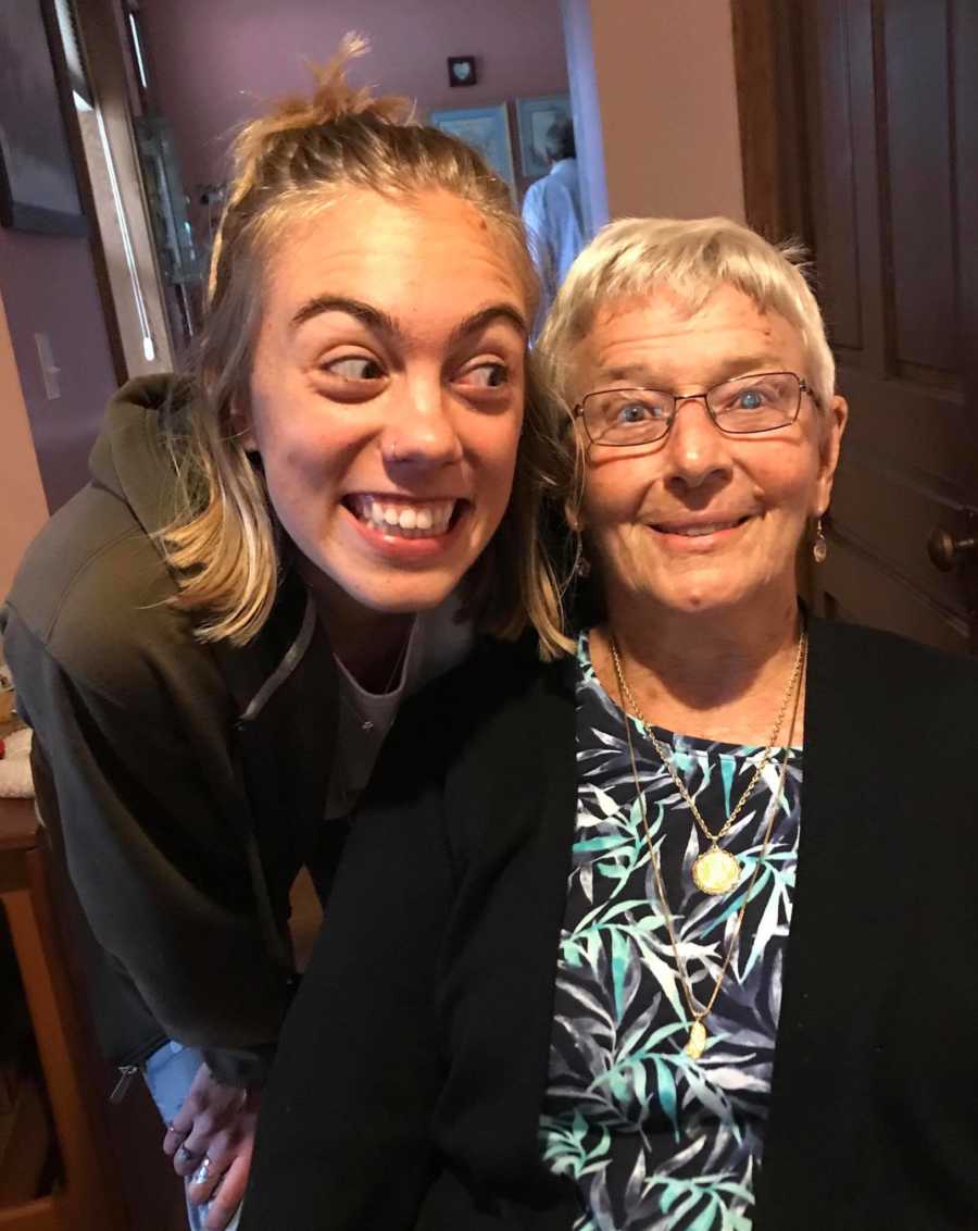 Teen smiles next to grandmother with dementia as she leaves for college