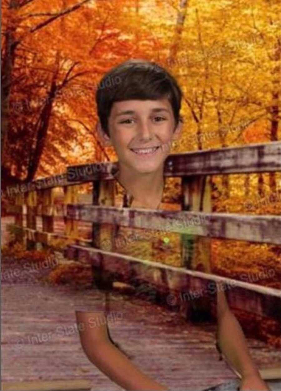 Floating head in forest background as kid wore green shirt that blended in with green screen