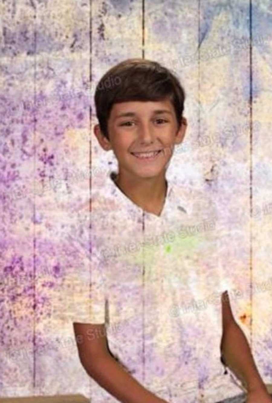 Floating head in purple background as kid wore green shirt that blended in with green screen