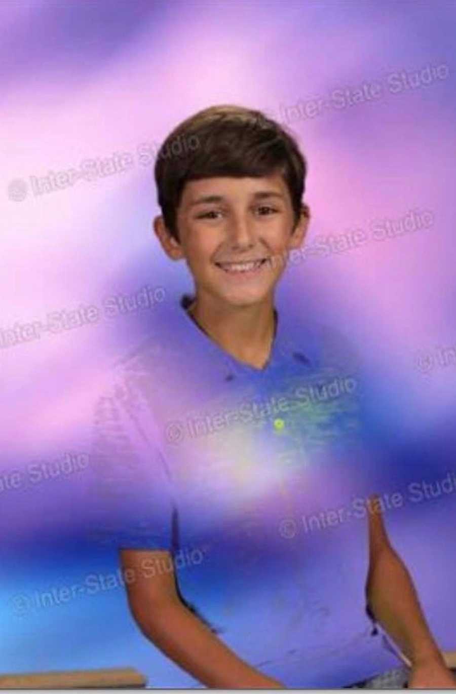 Floating head in purple tie-dye background as kid wore green shirt that blended in with green screen