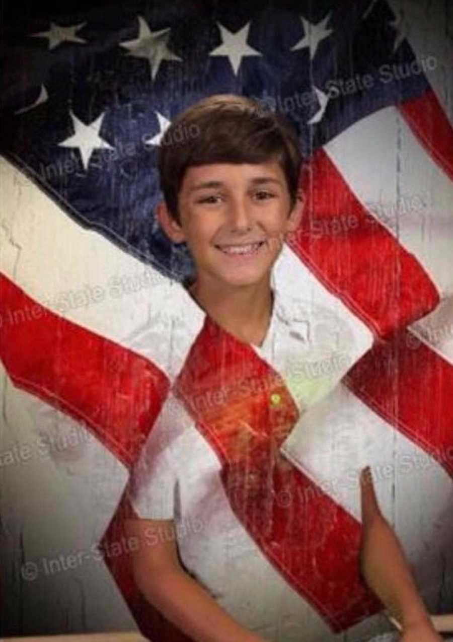 Floating head in American Flag background as kid wore green shirt that blended in with green screen