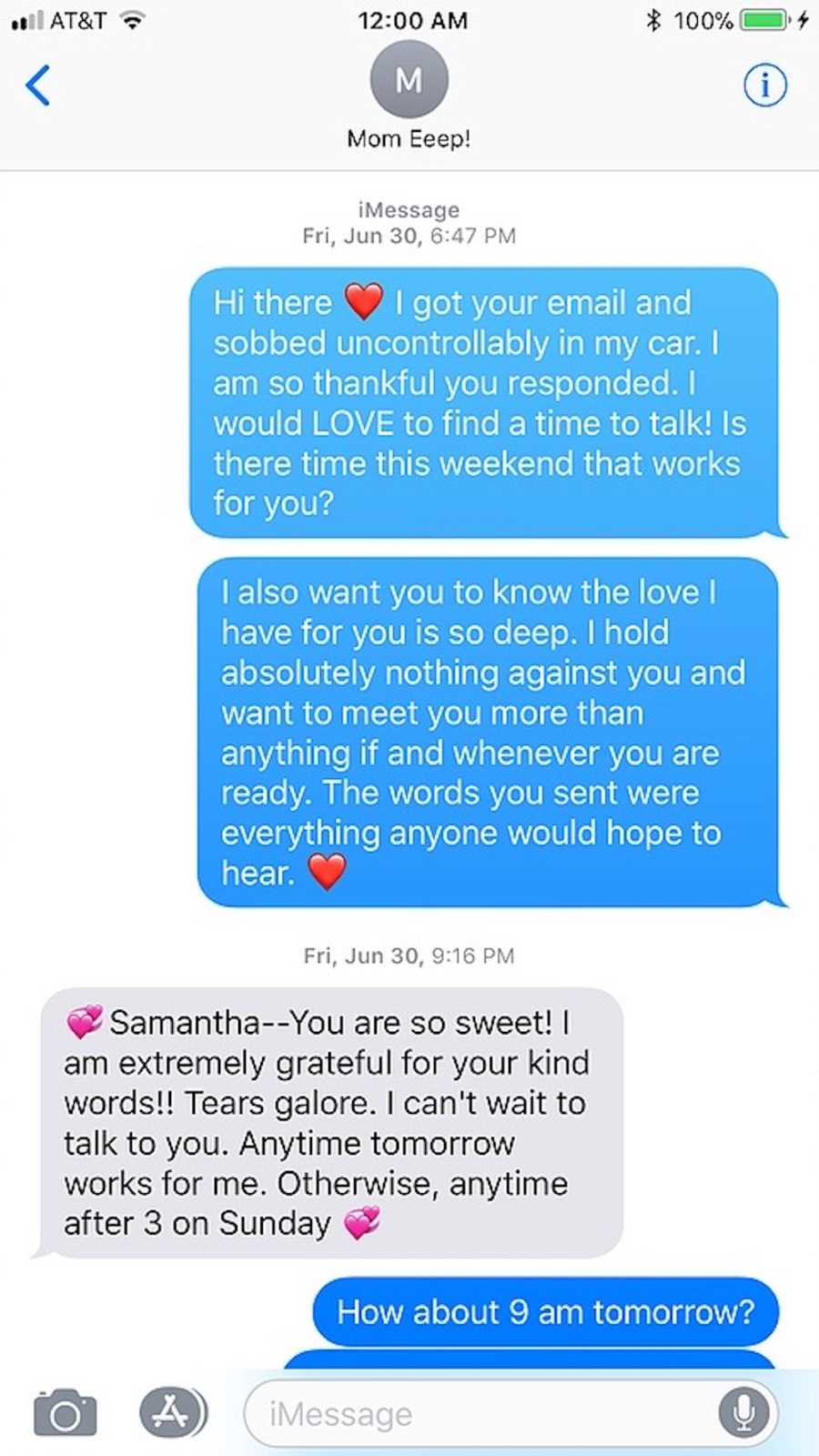 Screenshot of iMessage between woman and her birth mother she tracked down