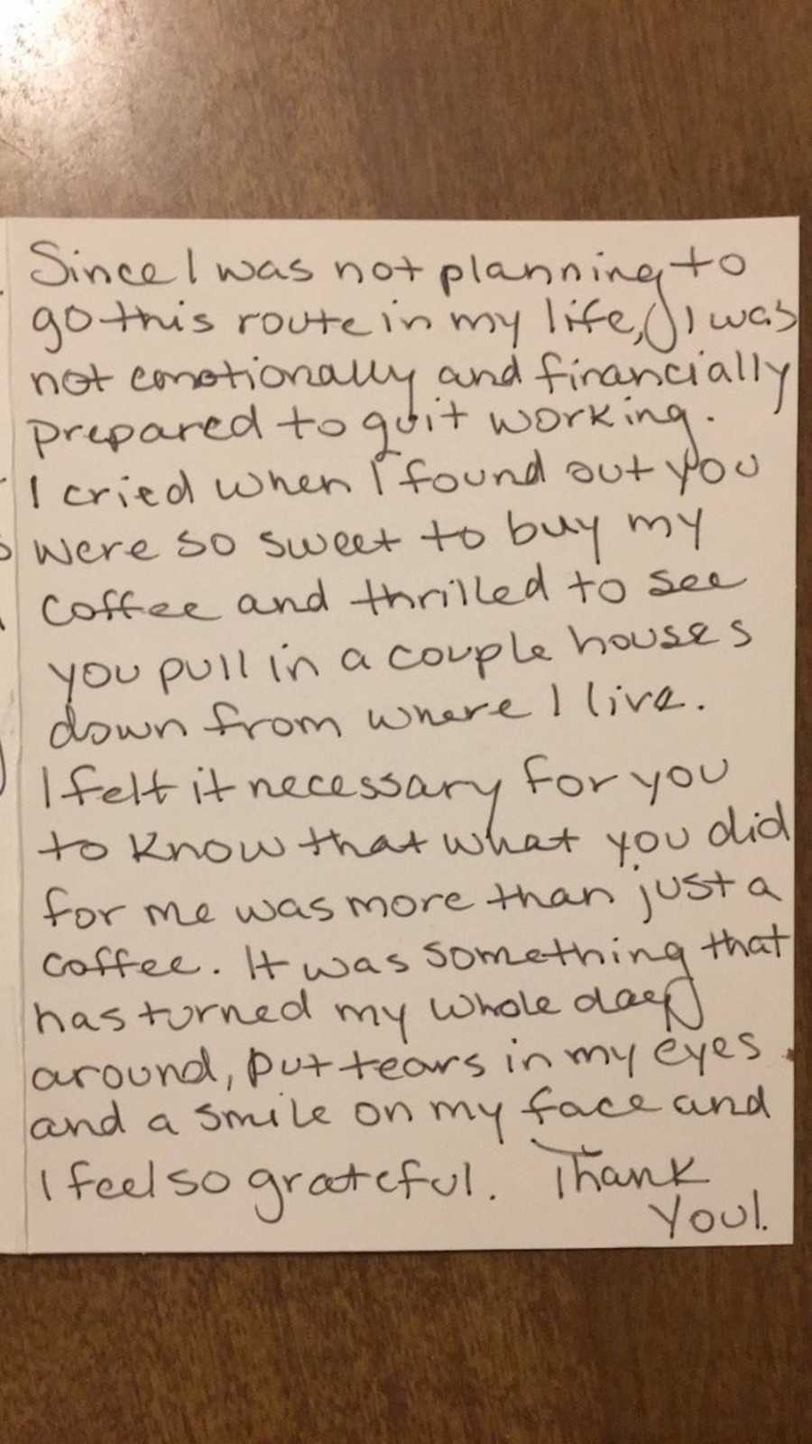Hand written note by woman thanking teen for buying her coffee