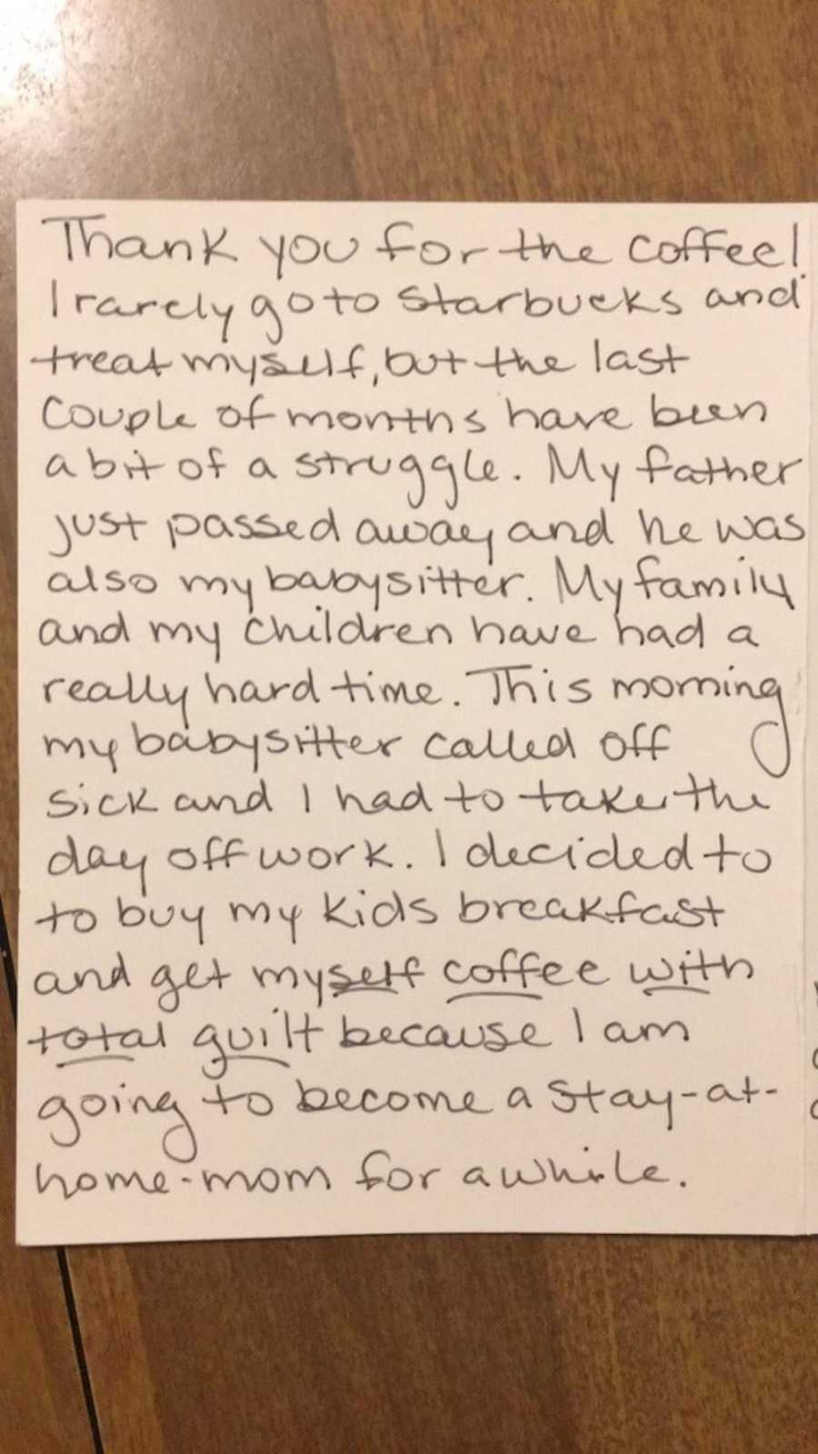 Note written by woman for teen who bought her coffee