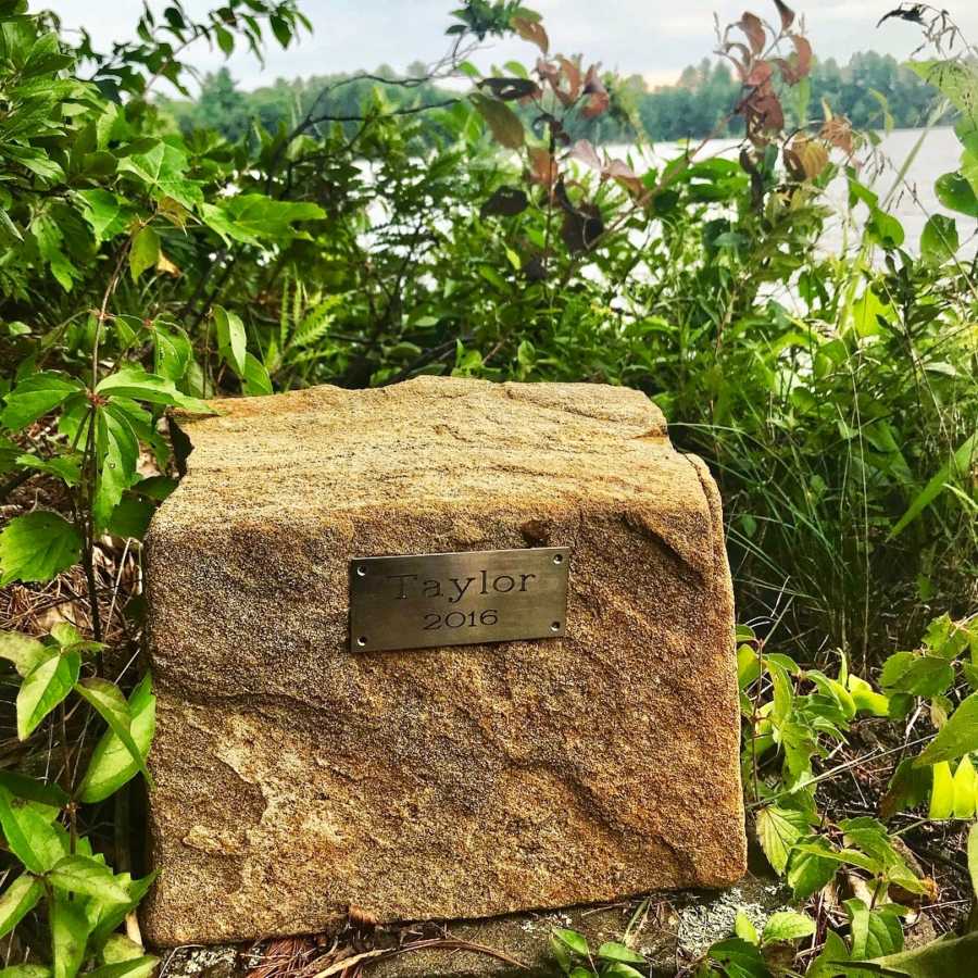 Rock sitting in plants with plaque that says, "Taylor 2016"