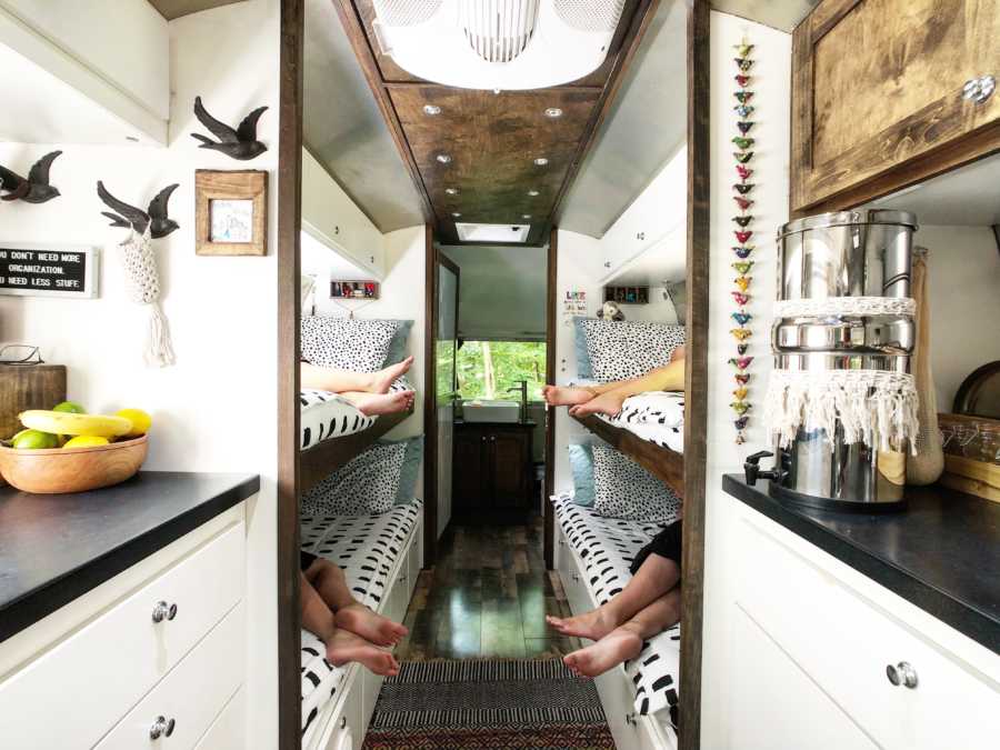 Bunkbeds in airstream where four children sleep