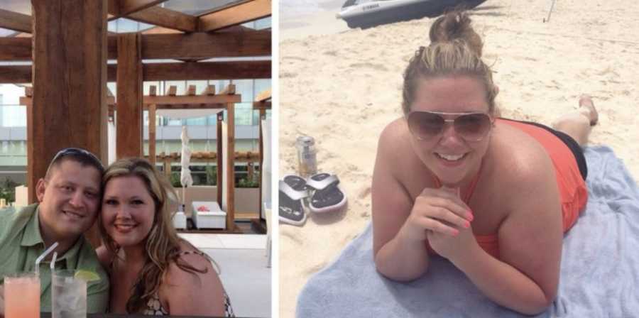 Side by side of woman who was a closet drunk sitting with husband and then laying on beach