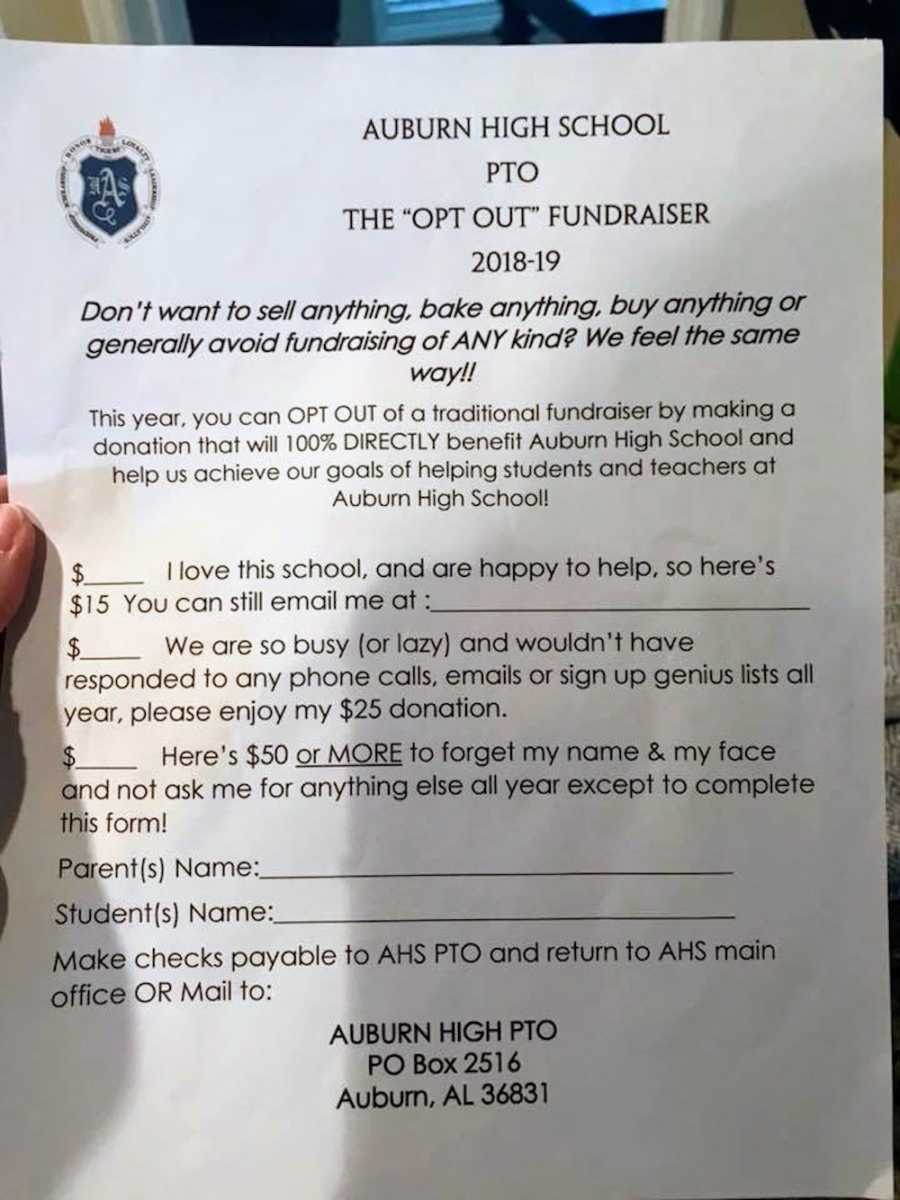 Paper for parent's and student's to fill out in order to opt out of fundraisers