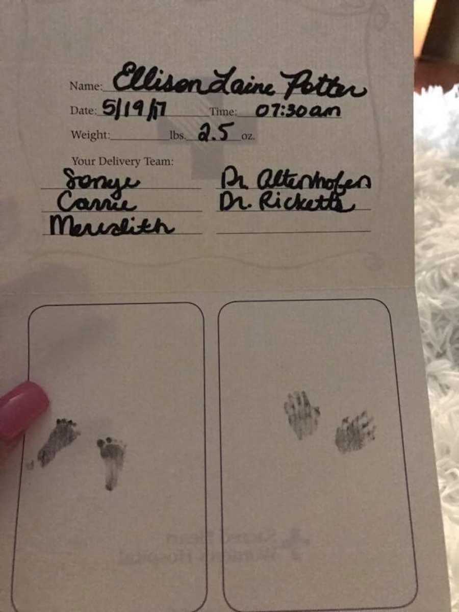 Paper with preemie newborn's hand and feet prints who passed away before going home