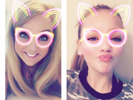 Side by side of mother and daughter in selfie with filter that has glasses and cat ears