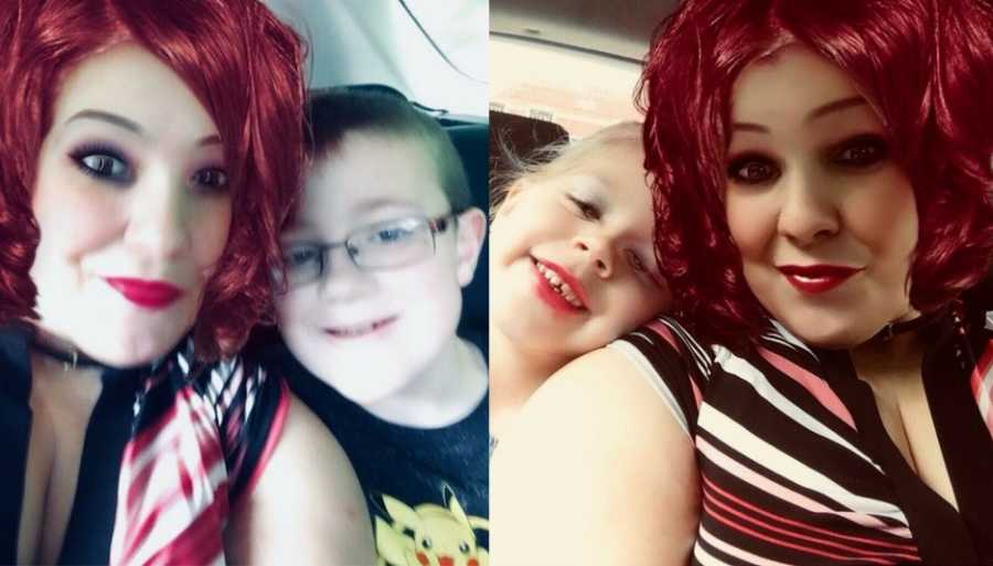 Side by side of woman taking selfie with grandchildren with red haired filter