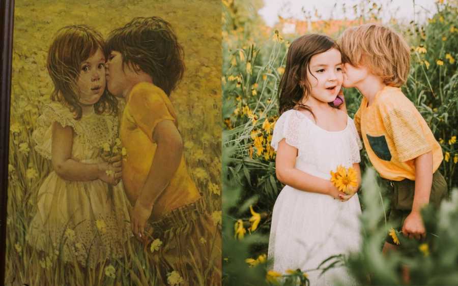 Painting of boy with chromosome 7 inversion kissing little sister on cheek in sunflower field next to real thing