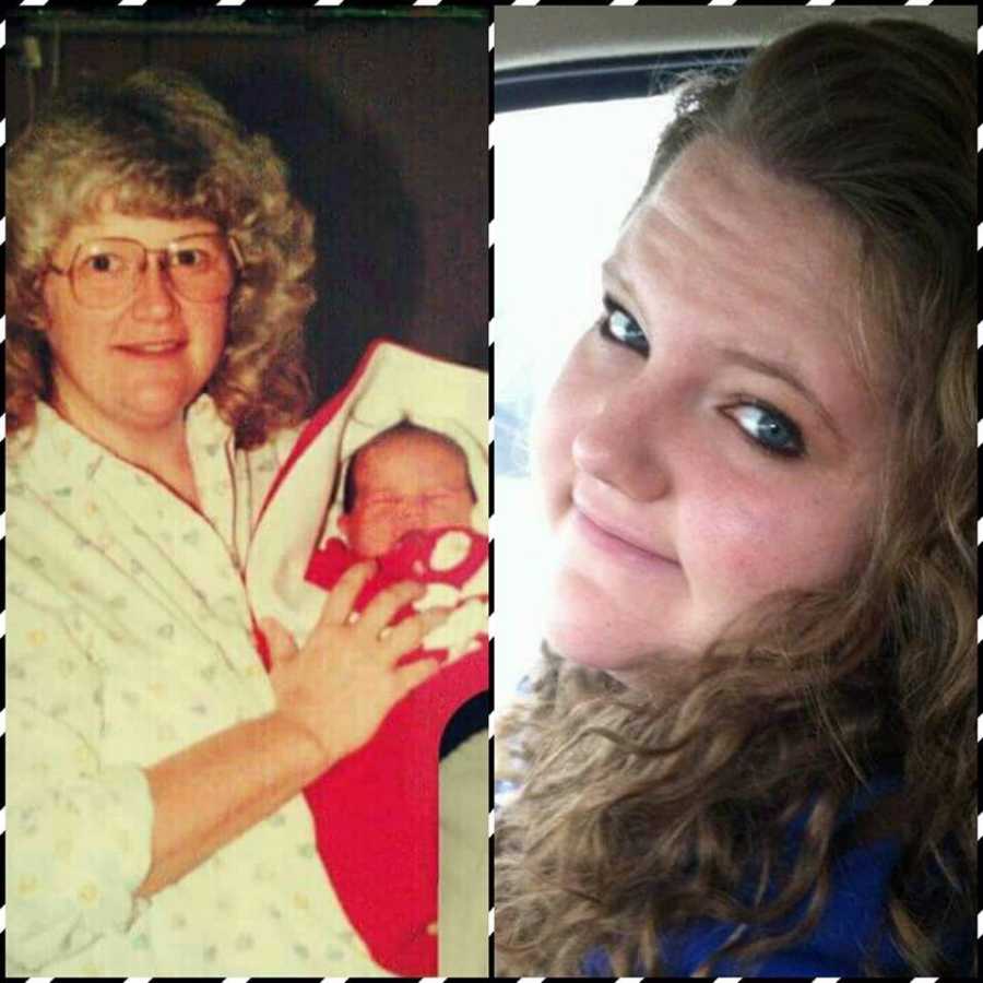 Side by by side of woman holding newborn beside newborn as a teen has since passed away