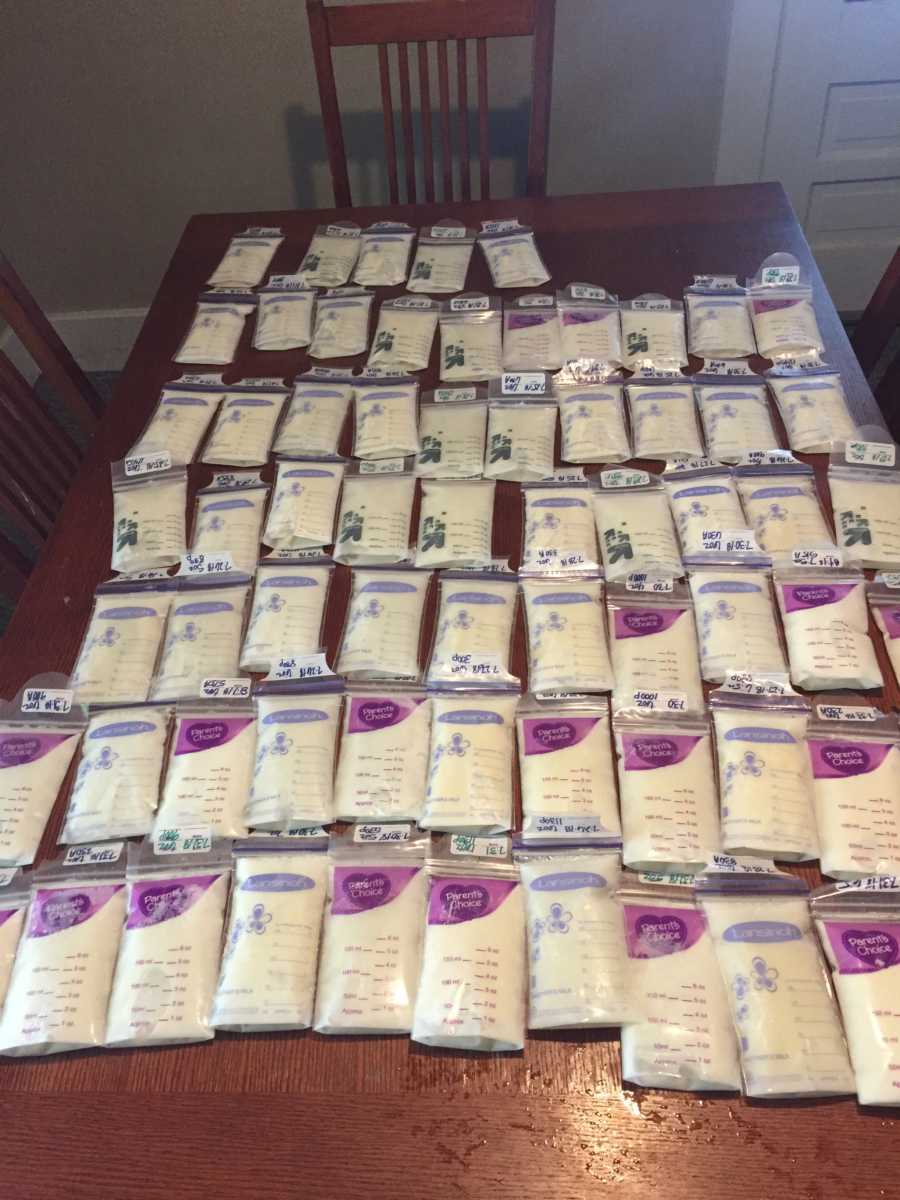 Table full of donated breast milk for woman who is unable to breastfeed her child