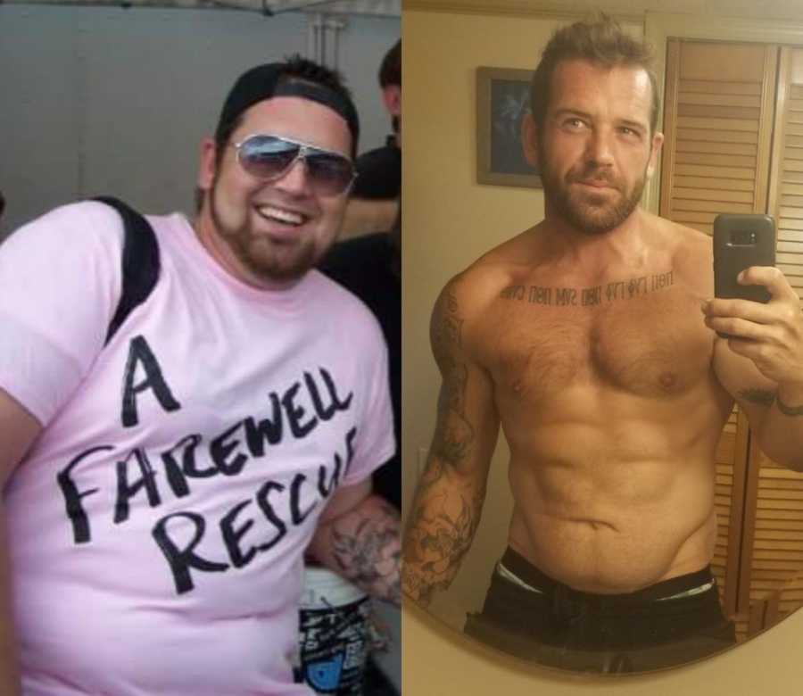 Side by side of man before and after getting sober and losing weight